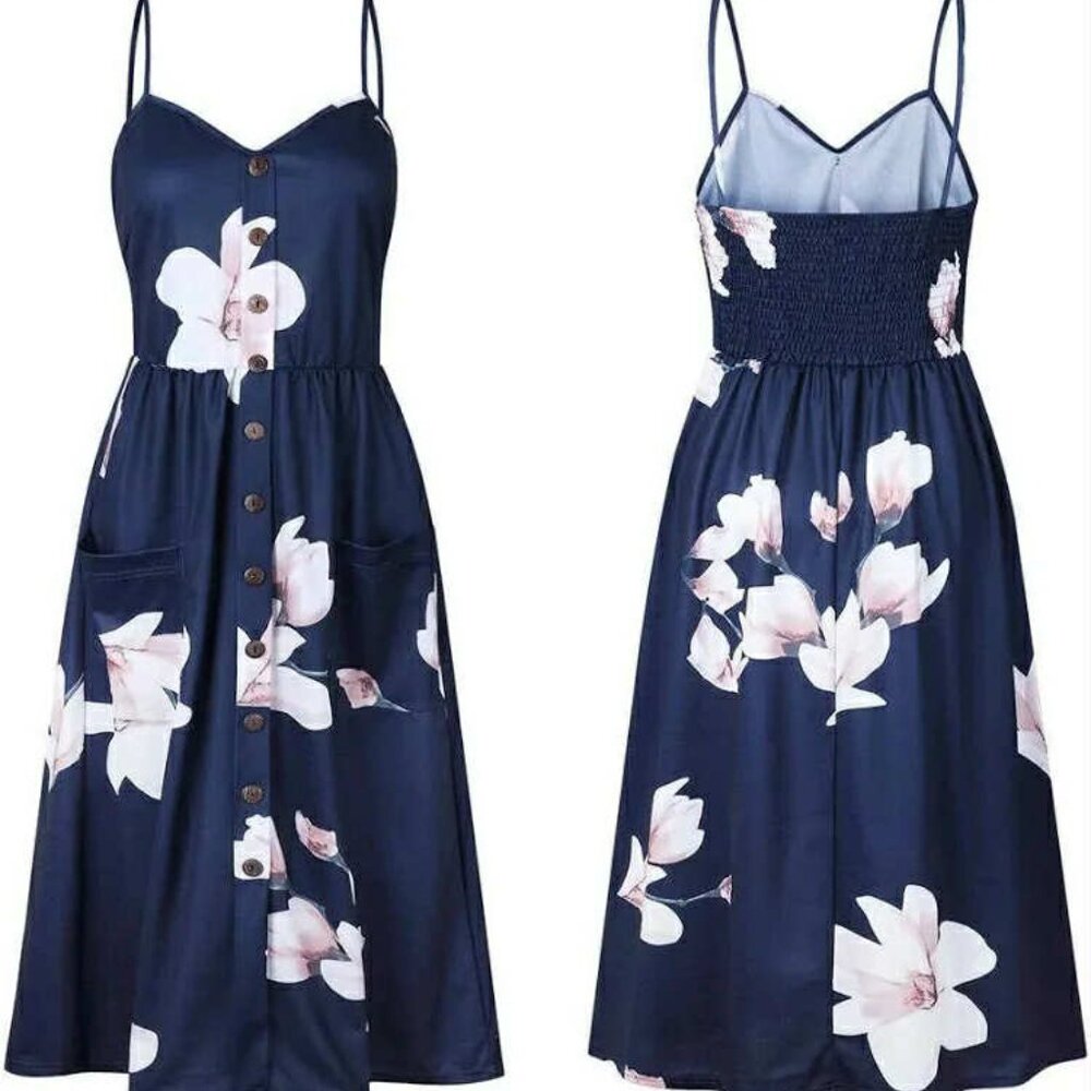 Angashion Strappy Button-Down  Floral Summer Dress Midi Multi Navy Women's Small